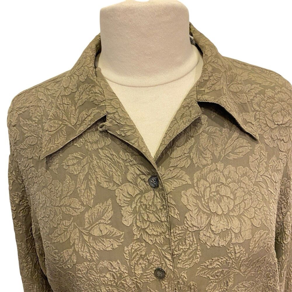 100% Silk Women Lg Sleeve Embossed Floral Button Tunic Blouse Olive Green M NWOT